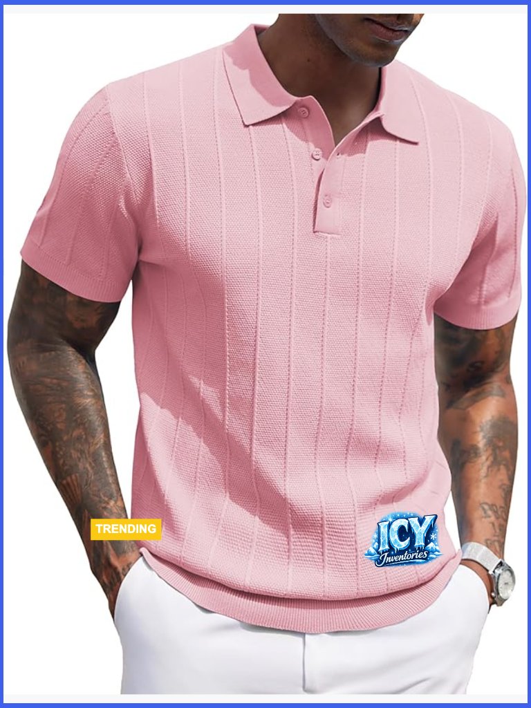 Lightweight Viscose Knit Polo Shirt Short Sleeve Ribbed Textured